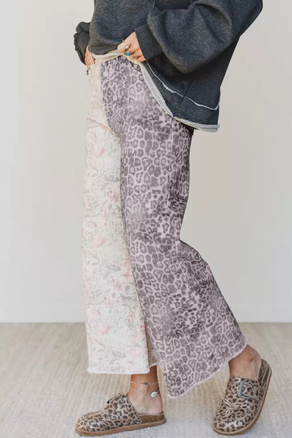 Floral and Leopard Print Wide-Leg Jeans
