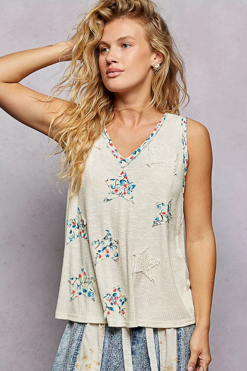 POL Floral Print Star Patch V-Neck Ribbed Tank