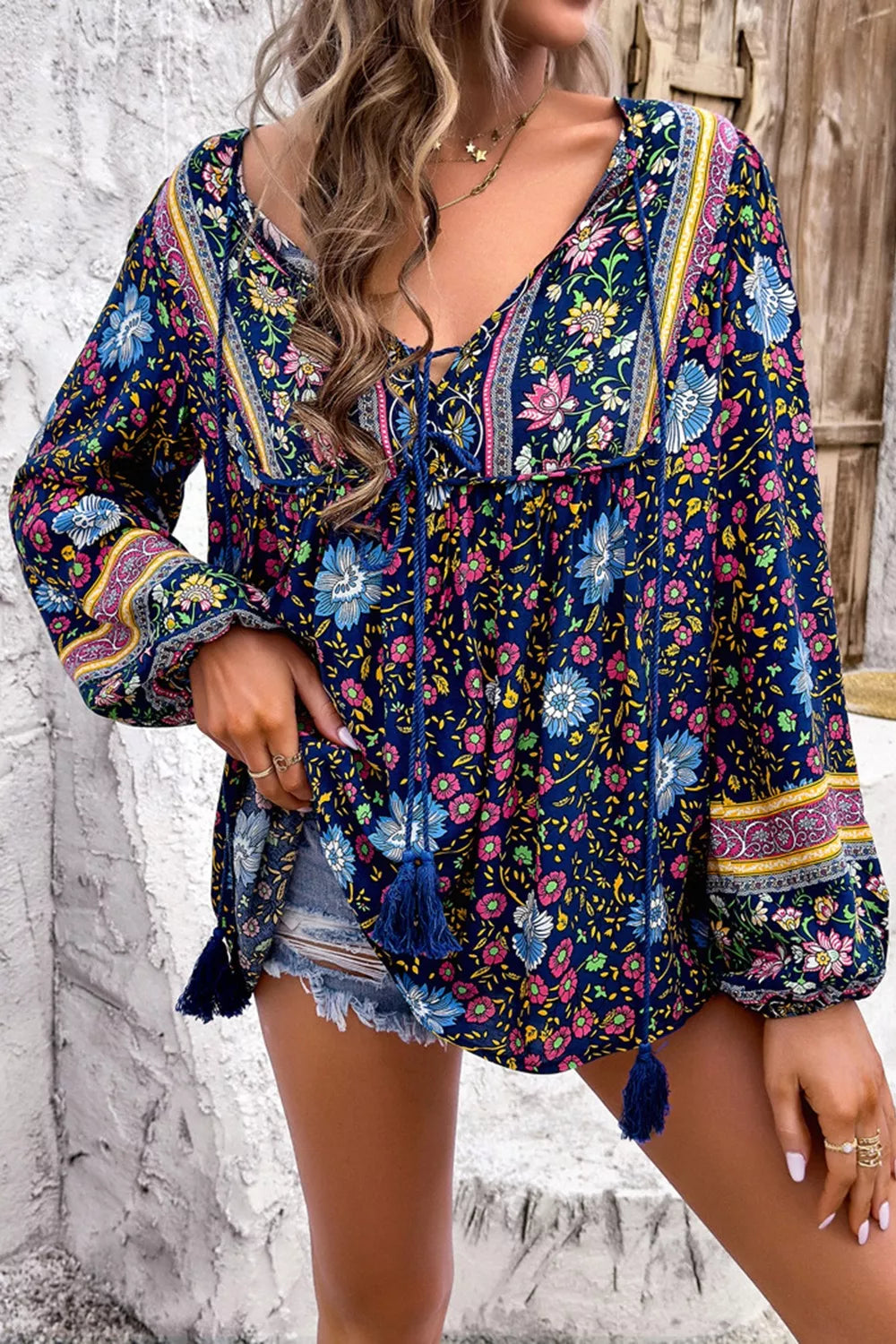 Floral Print Tie Neck Blouse