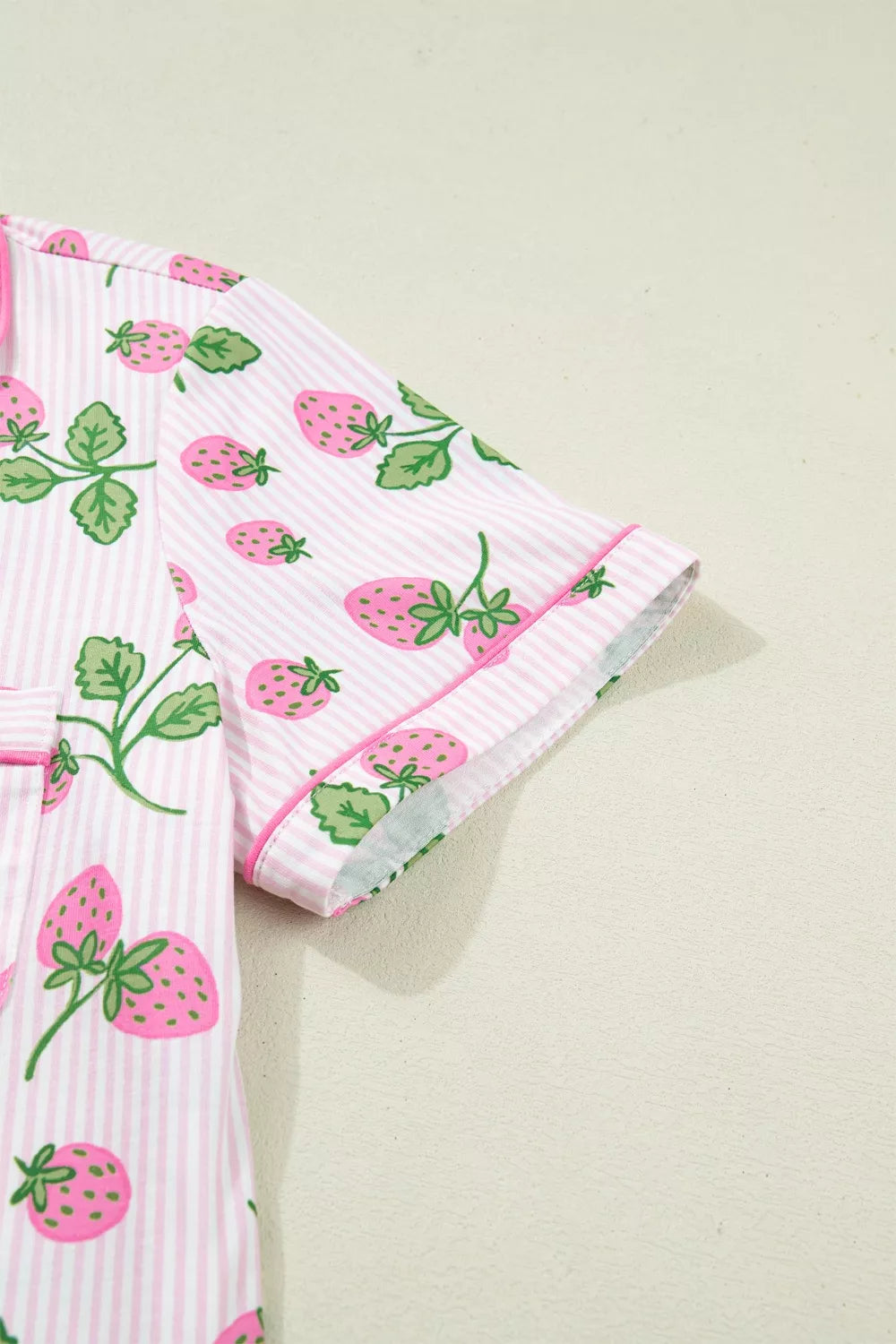 Striped Strawberry Print Lapel Shirt Drawstring Shorts 2pcs Pajama Set
