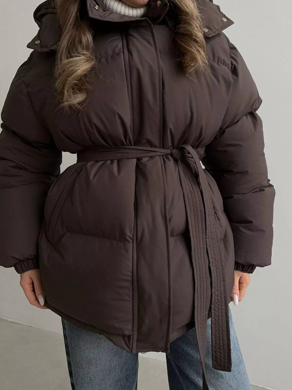 Mid-Length Thickened Hooded Winter Coat with Belted