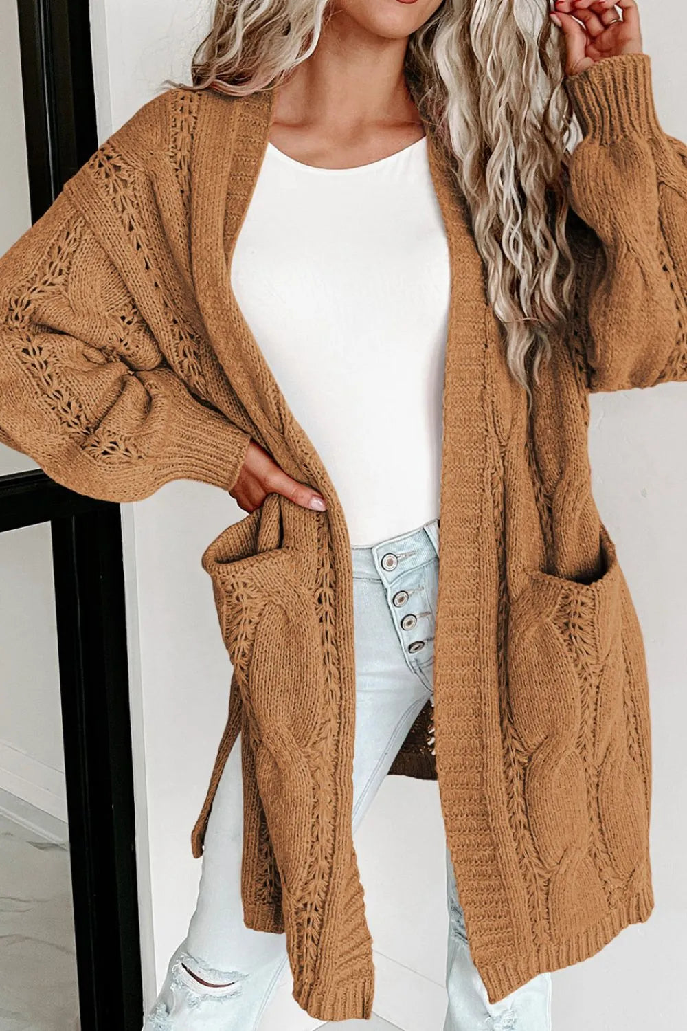 Cable-Knit Dropped Shoulder Slit Cardigan