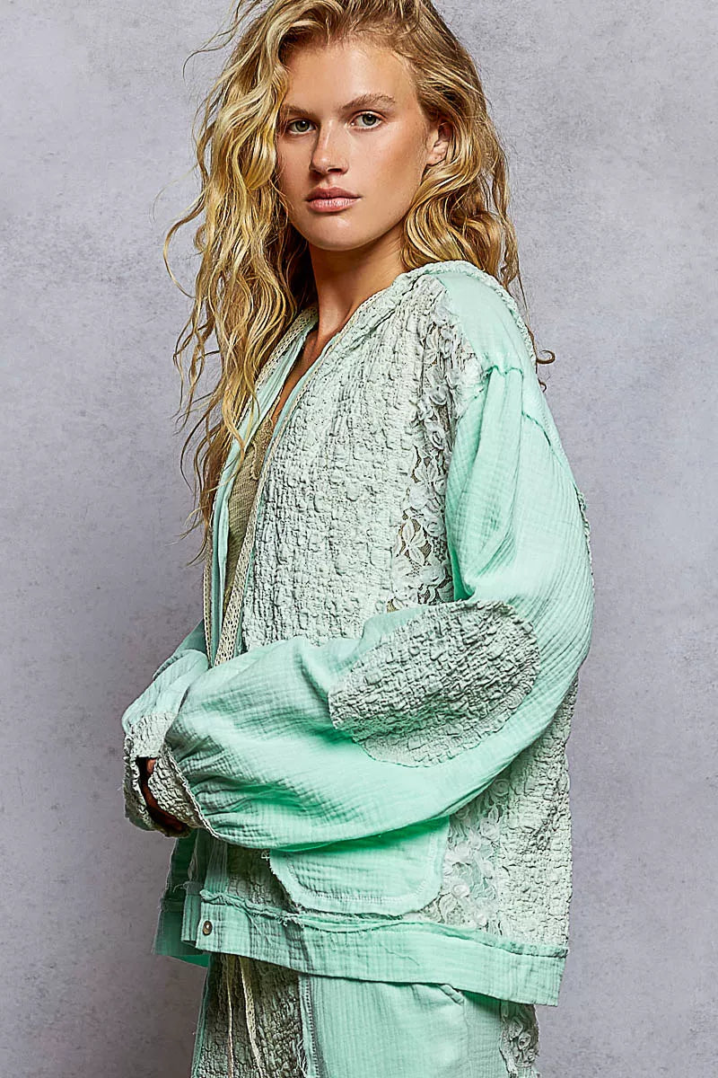 POL Exposed Seam Button Down Hooded Jacket with Lace Detail