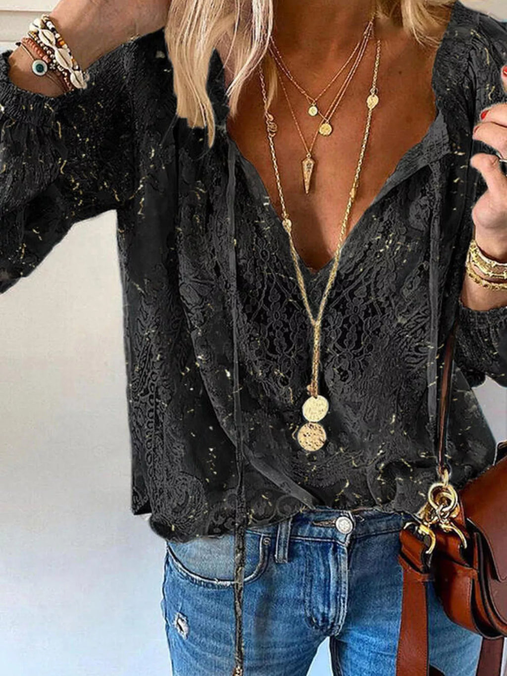 Lace Tie-Neck Blouse