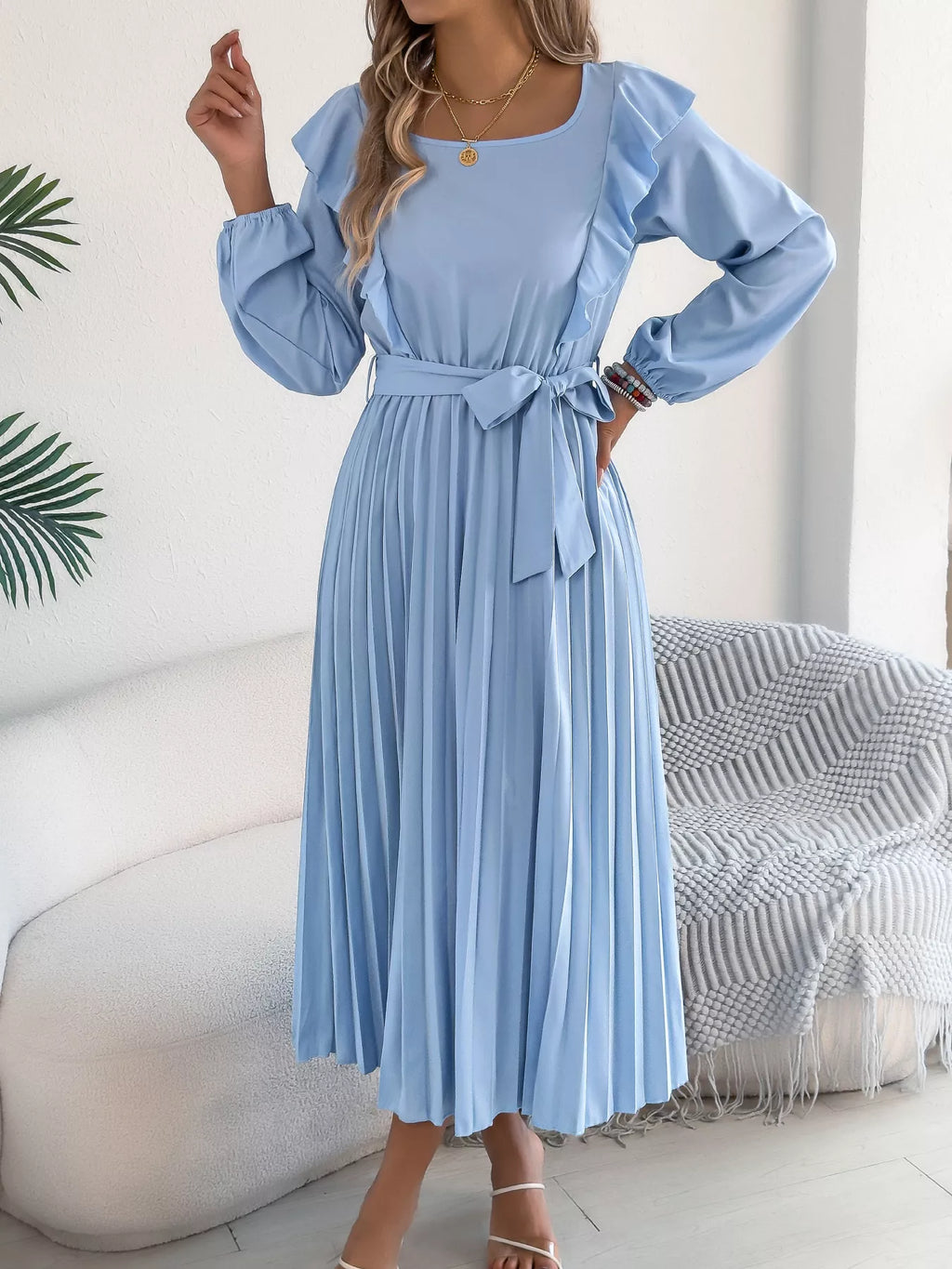 Ruffle Trim Pleated A-Line Midi Dress