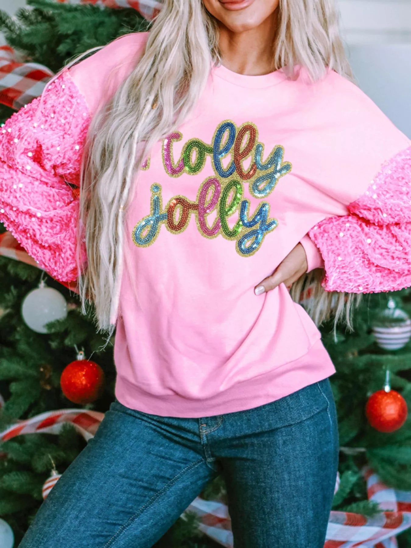 Holly Jolly Sequin Letter Drop Shoulder Long Sleeve Top