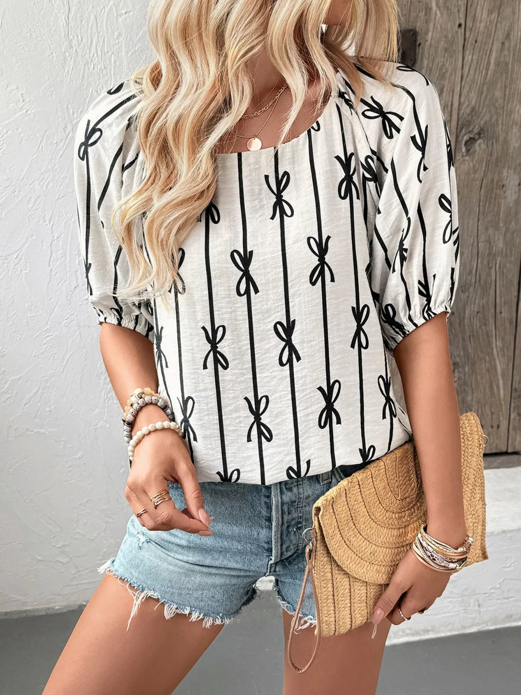 Bow Print Puff Sleeve Casual Blouse