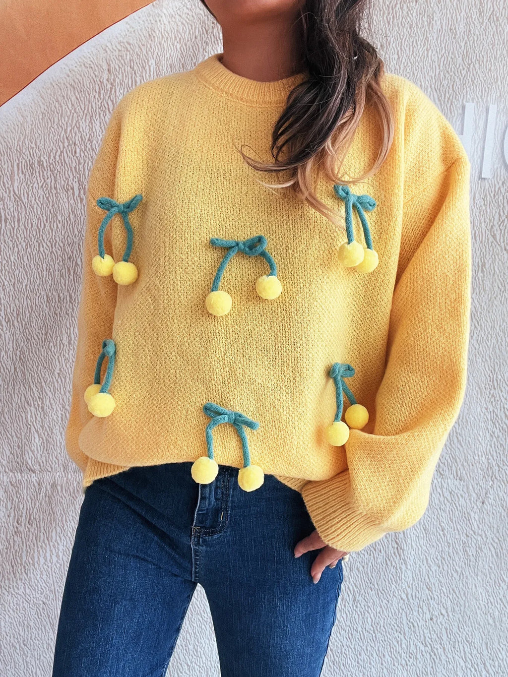 Cherry Round Neck Long Sleeve Sweater