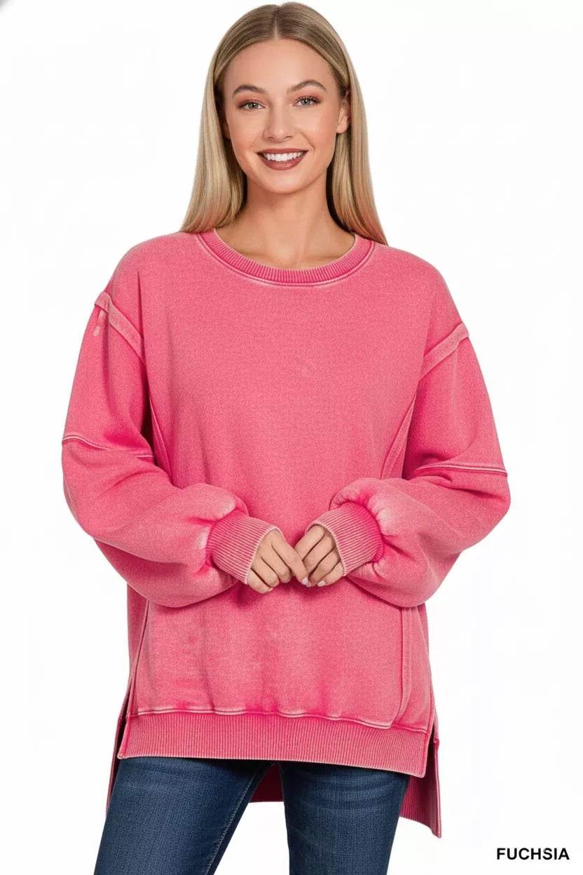 Zenana Acid Washed Batwing Sleeve Fleece Sweatshirt