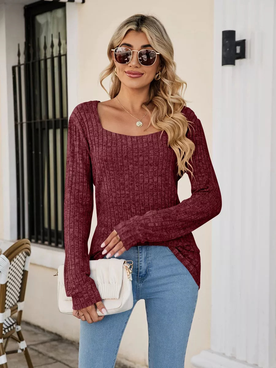 Ribbed Square Neck Long Sleeve T-Shirt