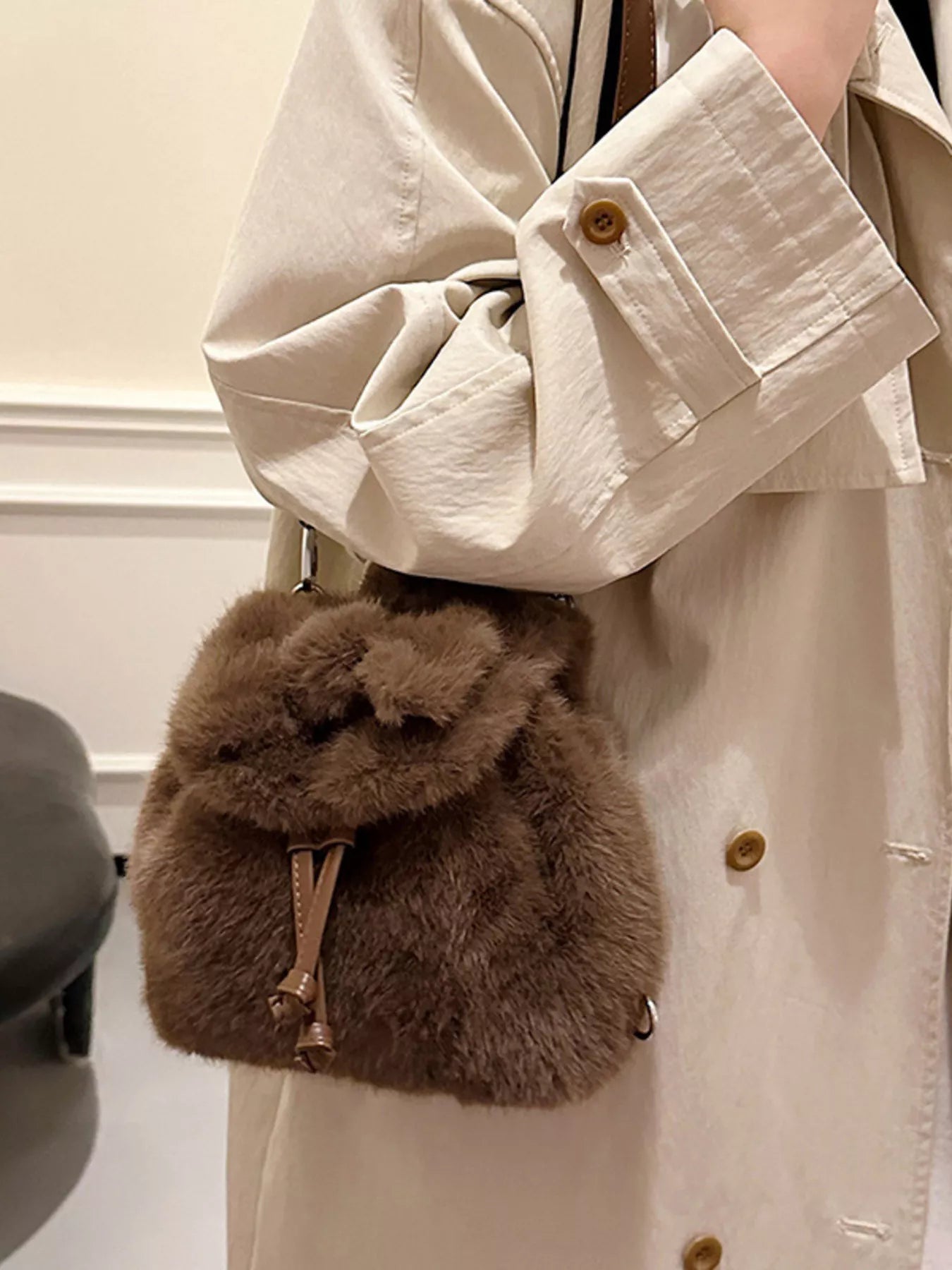 Fuzzy Plush Drawstring Backpack Bag