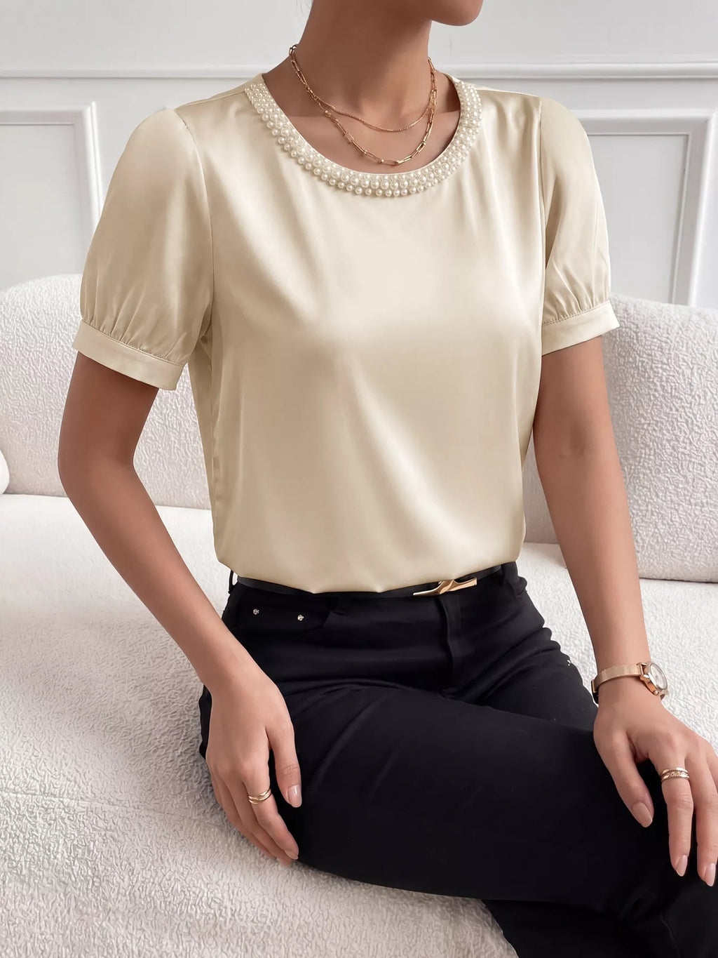 Pearl Trim Satin Bodysuit