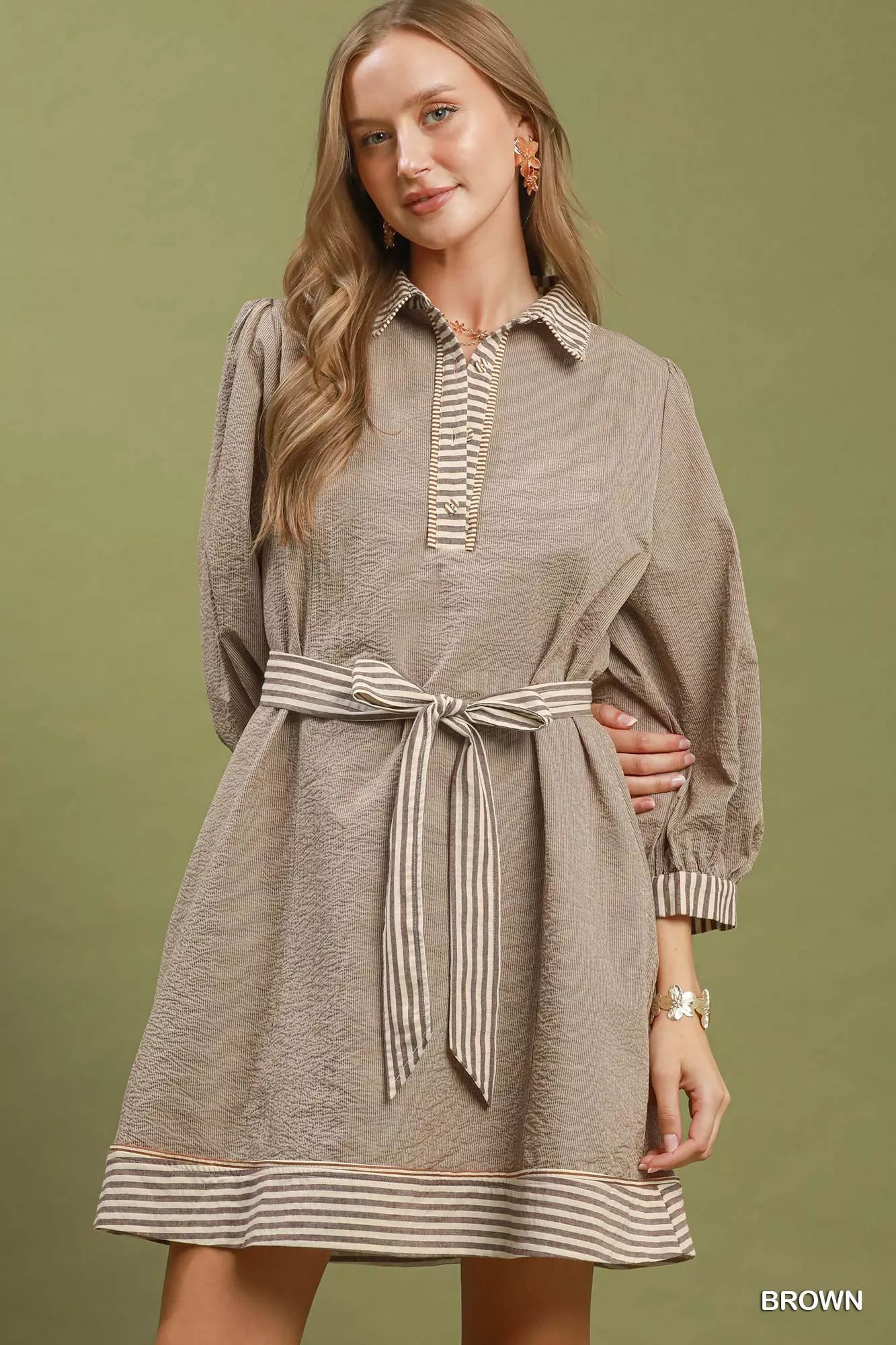 Umgee Striped Contrast Belted Puff Sleeve Mini Dress