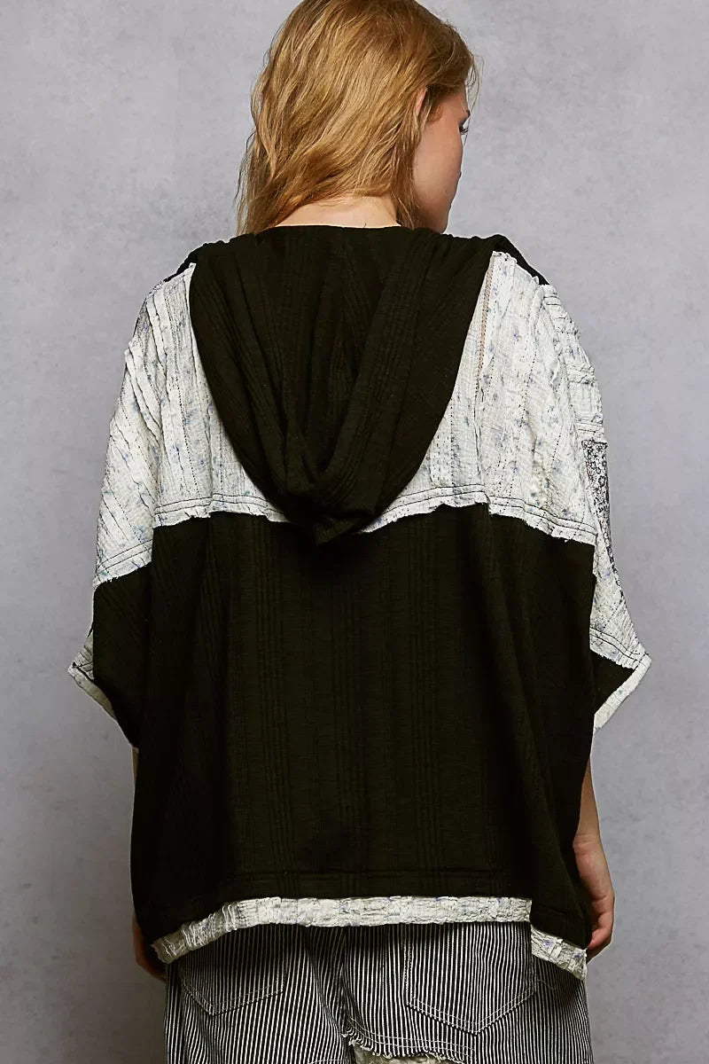 POL Floral Star Patch Hooded Blouse with Lace Contrast Detail