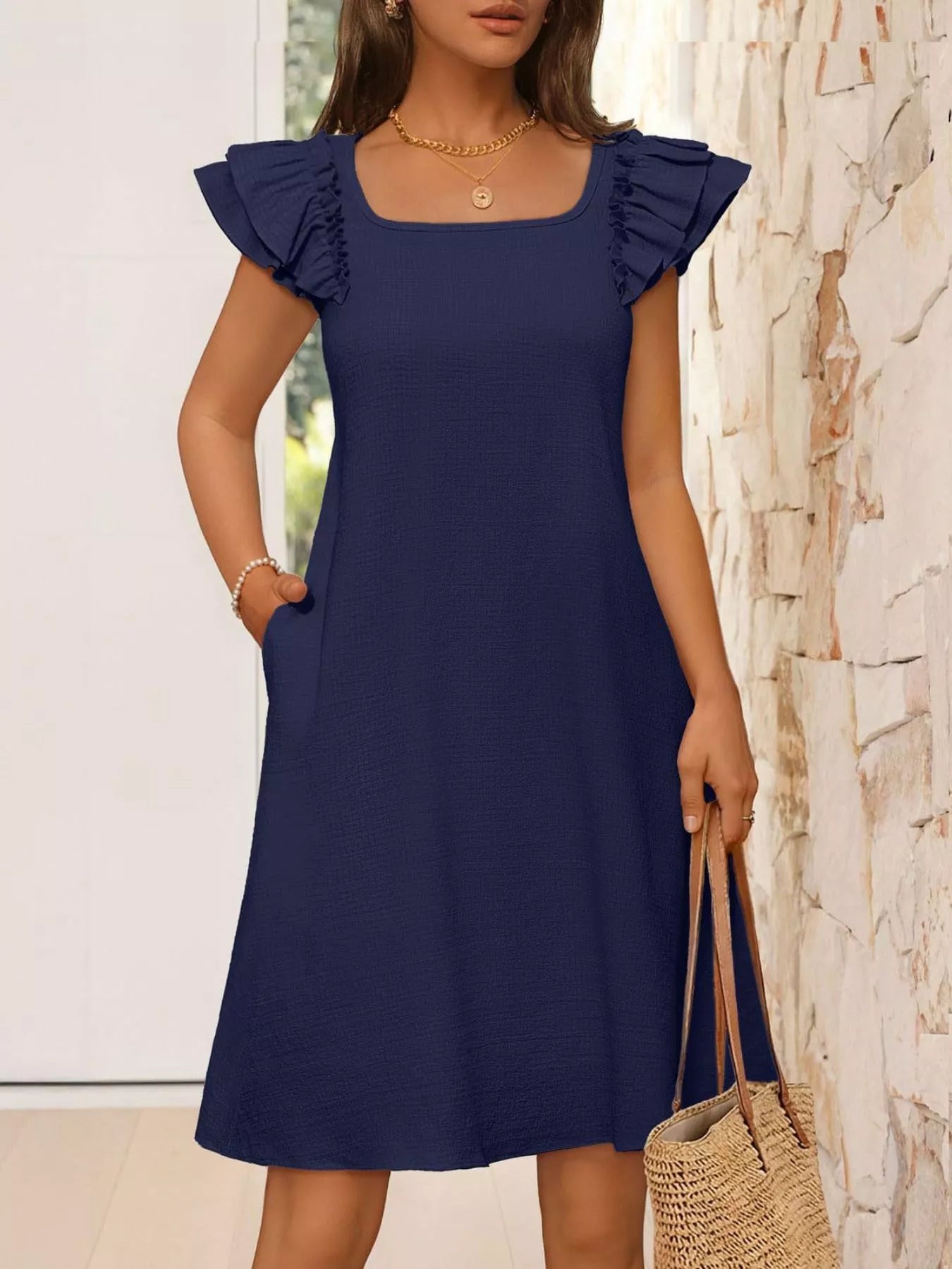 Ruffled Sleeve Square Neck Casual Dress