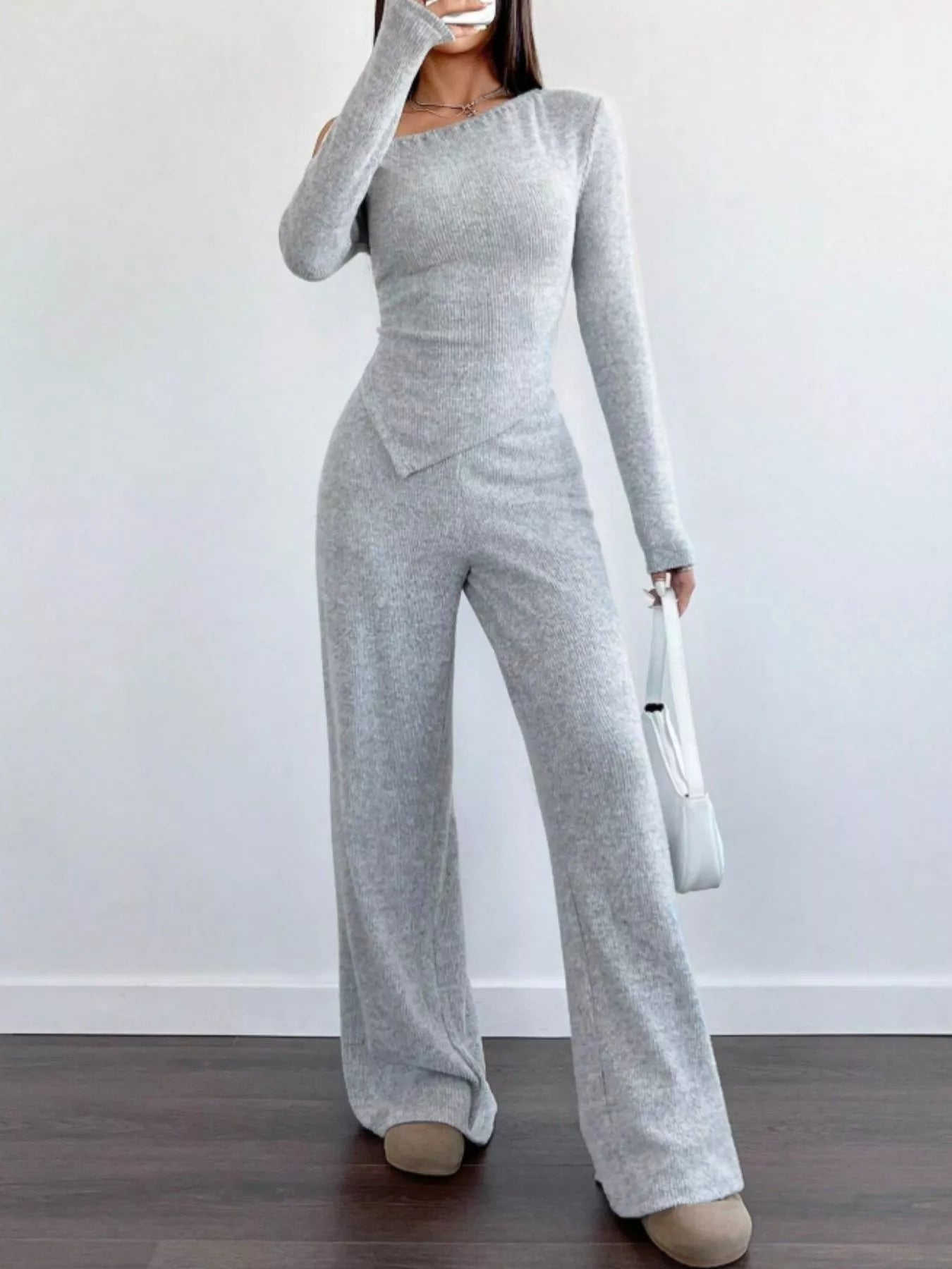 One-Shoulder Long Sleeve Top and Pants Set