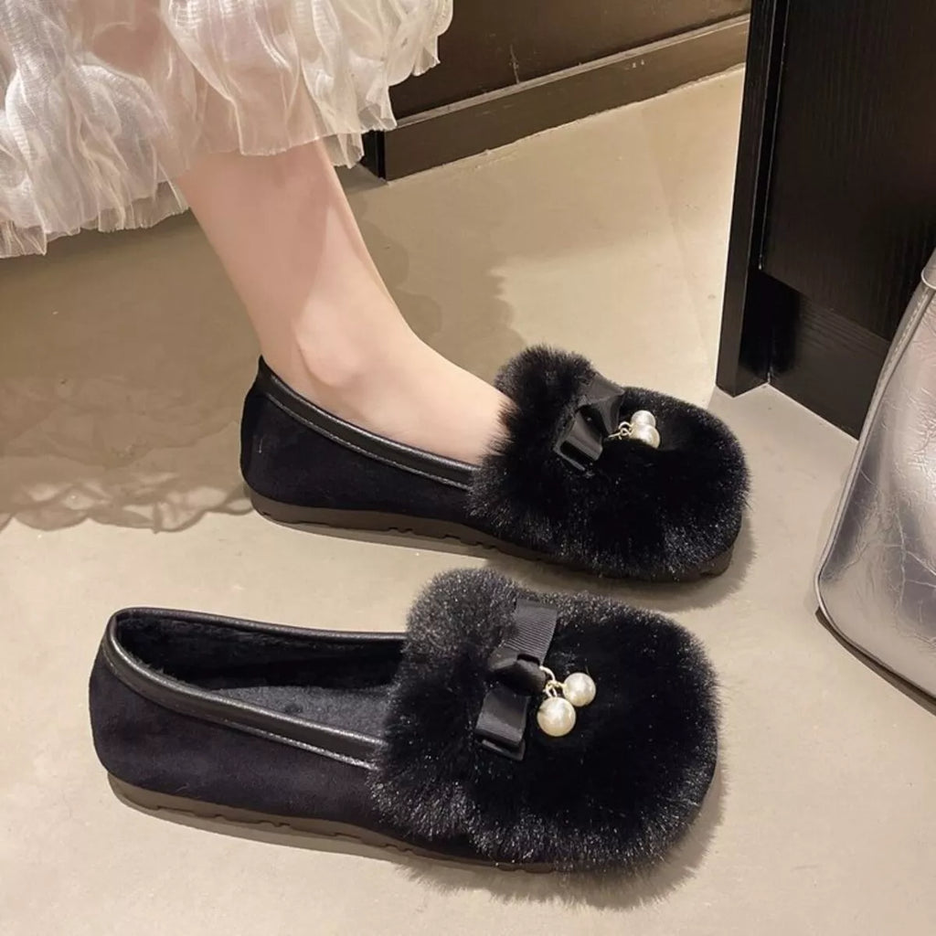 Fuzzy Pearl Bowknot Slip-Ons