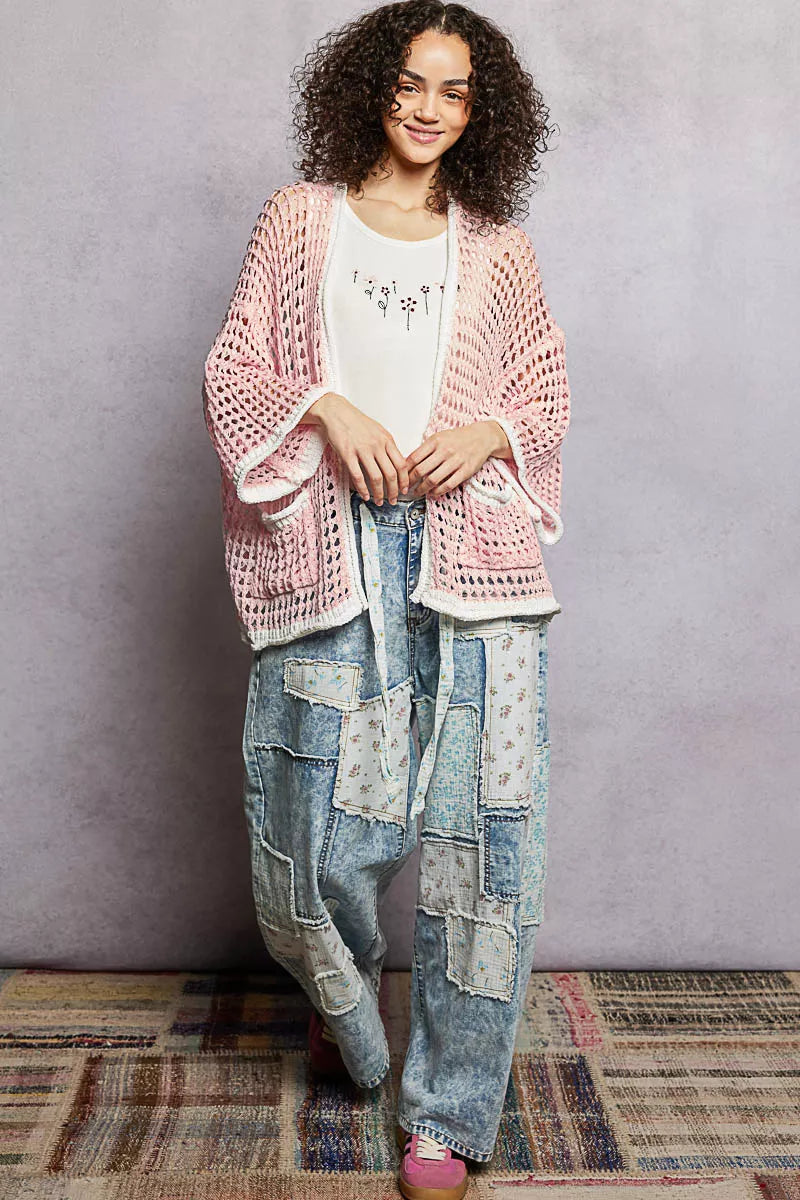 POL Open Front Openwork Cardigan with Contrast Trim