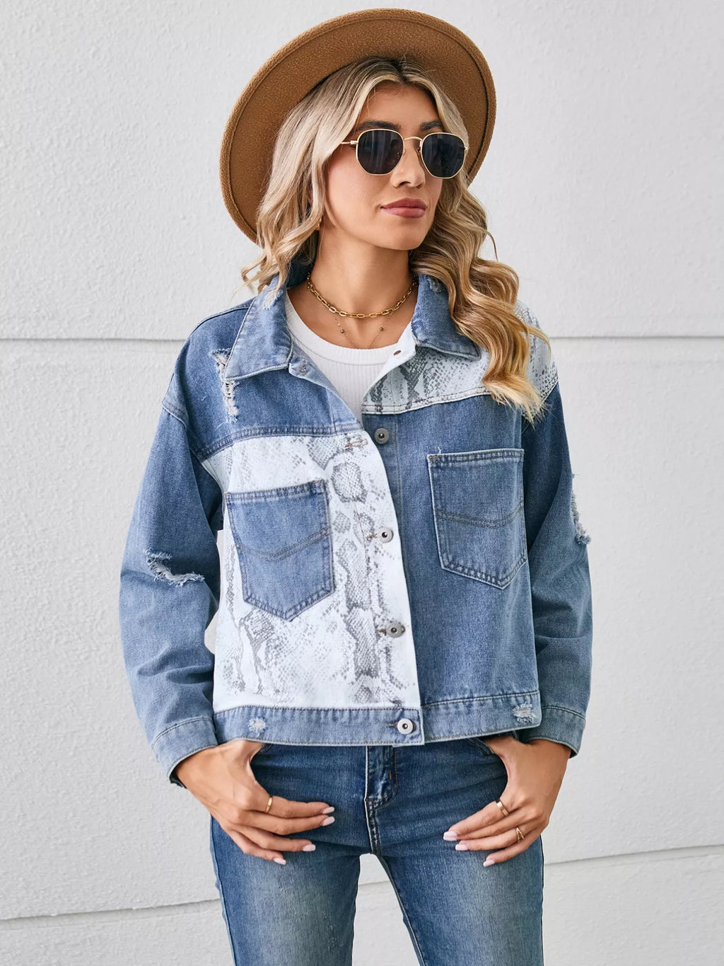 Snake Print Button Up Denim Jacket