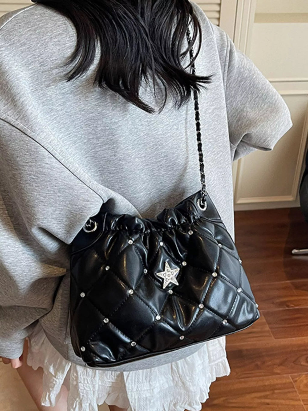 Quilted Rhinestone Star Decor Shoulder Bag