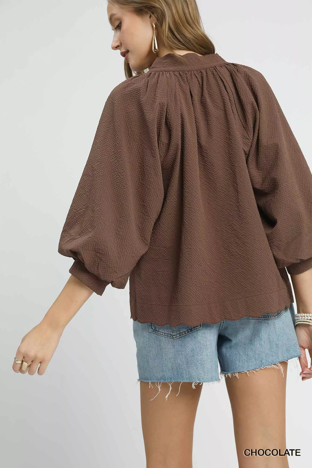 Umgee Full Size Textured Notched Balloon Sleeve Blouse Plus Size