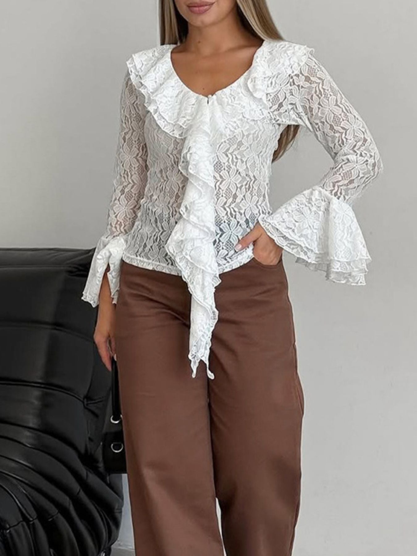 Ruffle Lace Flounce Sleeve Blouse