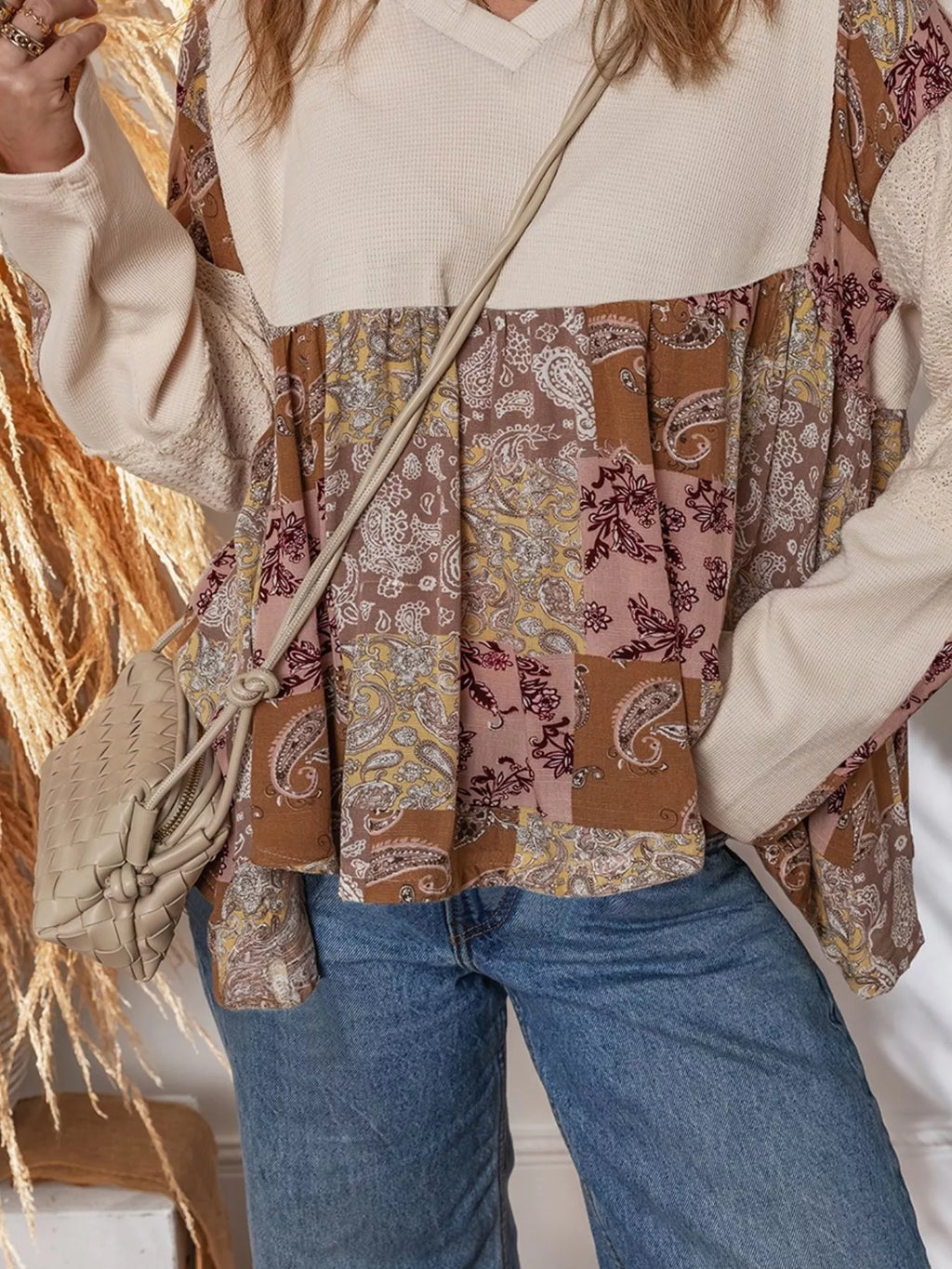 Paisley Ethnic Print Contrast Patchwork Long Sleeve Loose Top