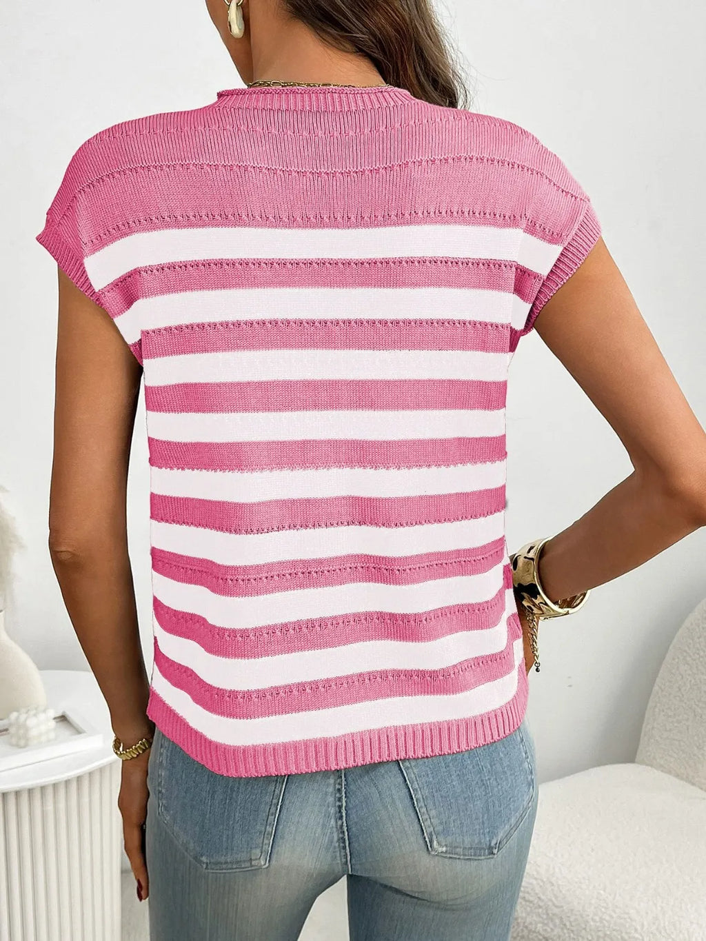 Striped Mock Neck Cap Sleeve Knit Top