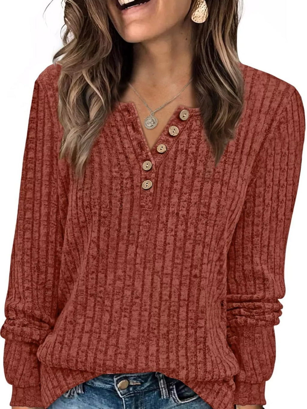 Ribbed Knit Button-Front Long Sleeve T-Shirt