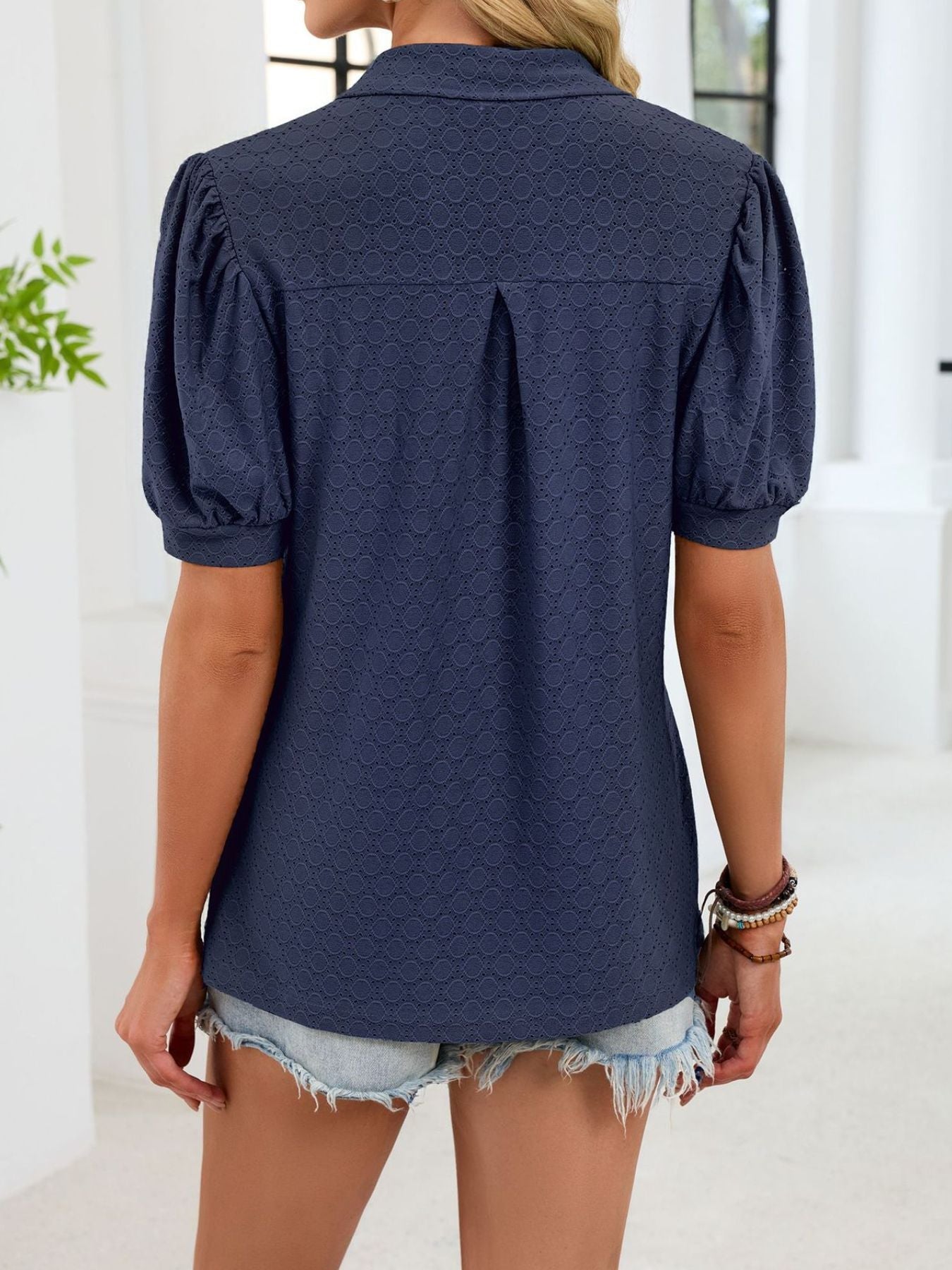 Eyelet Johnny Collar Puff Sleeve Top