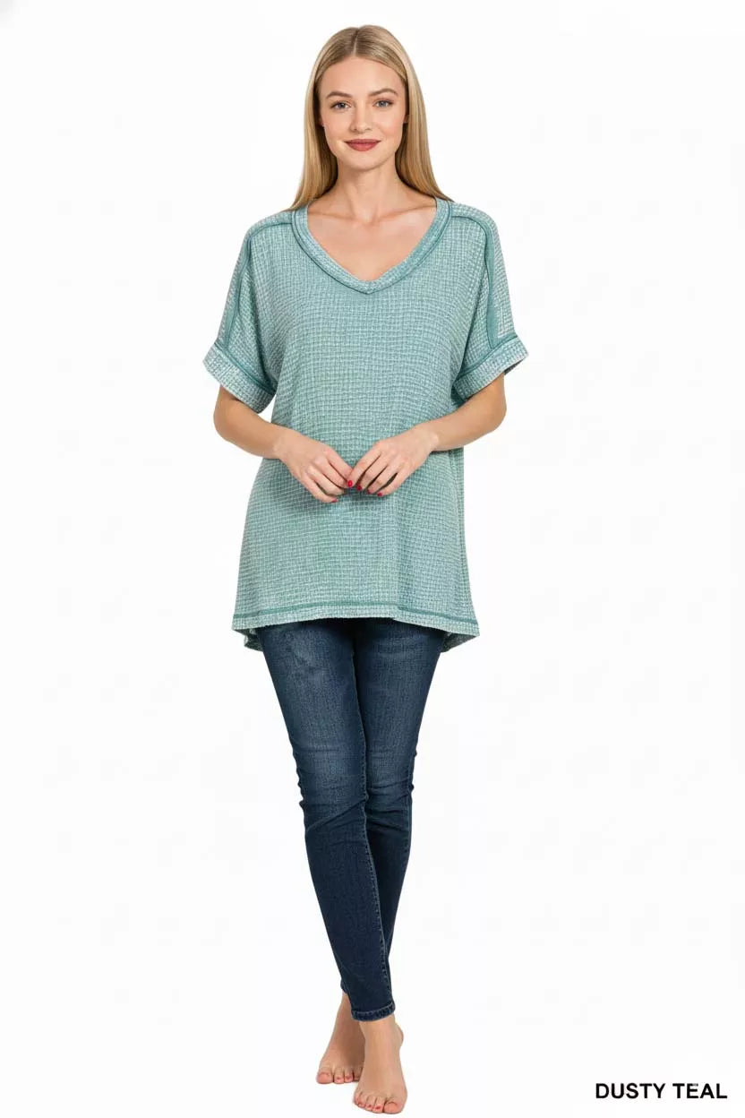 Zenana Acid Washed Double Gauze V-Neck Tee