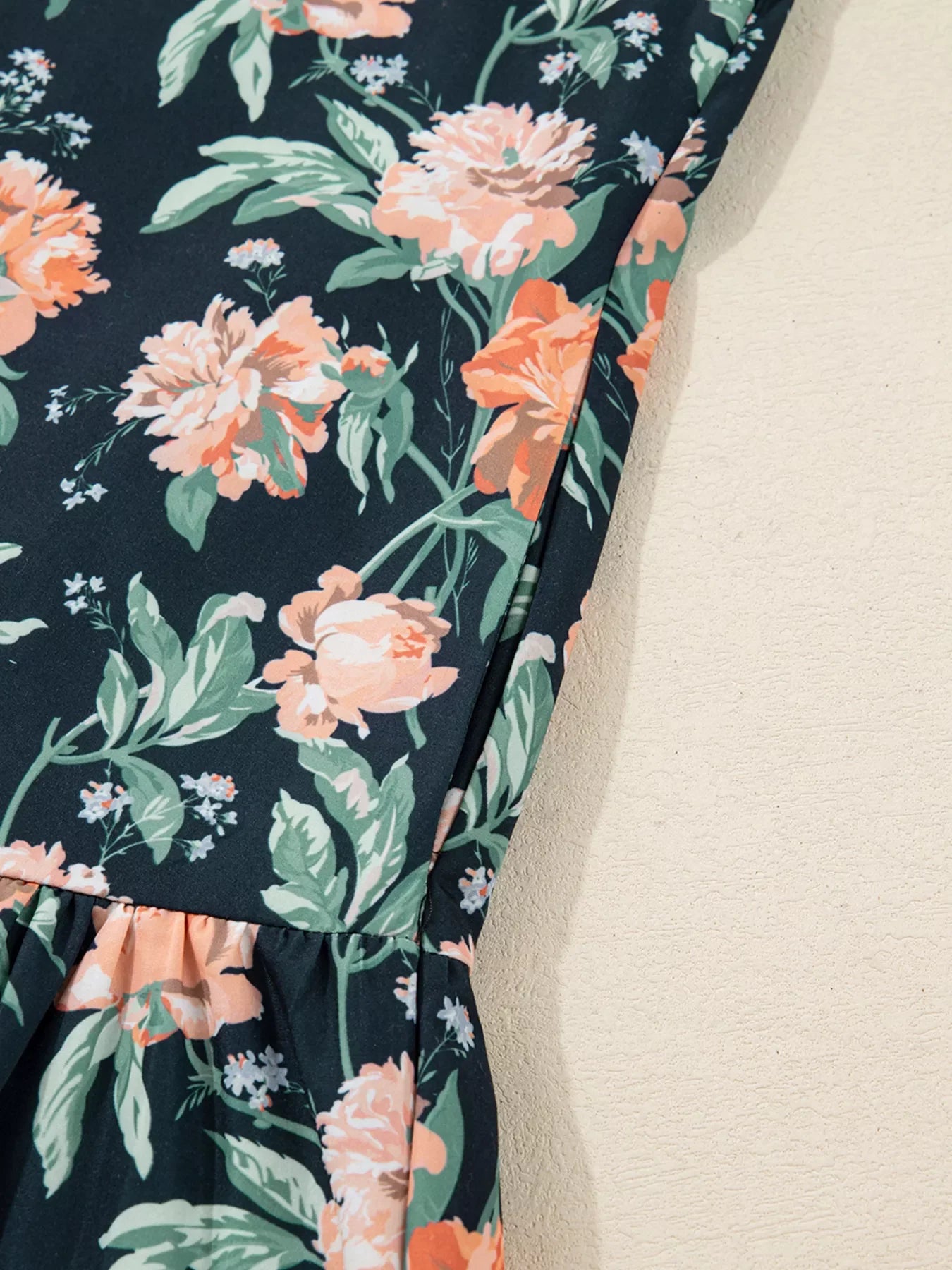 Floral Print Striped Trim V Neck Long Sleeve Ruffle Hem Shift Mini Dress