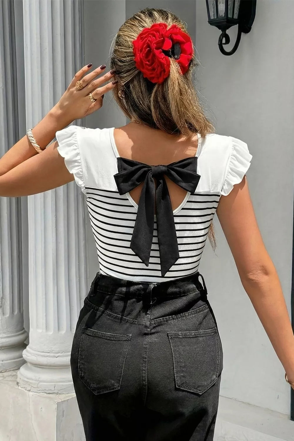 Stripe Contrast Knot Back Ruffle Trim Tank Top