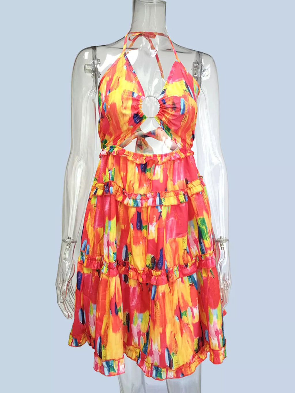 Colorful Print Halter Neck Ruffle Mini Dress