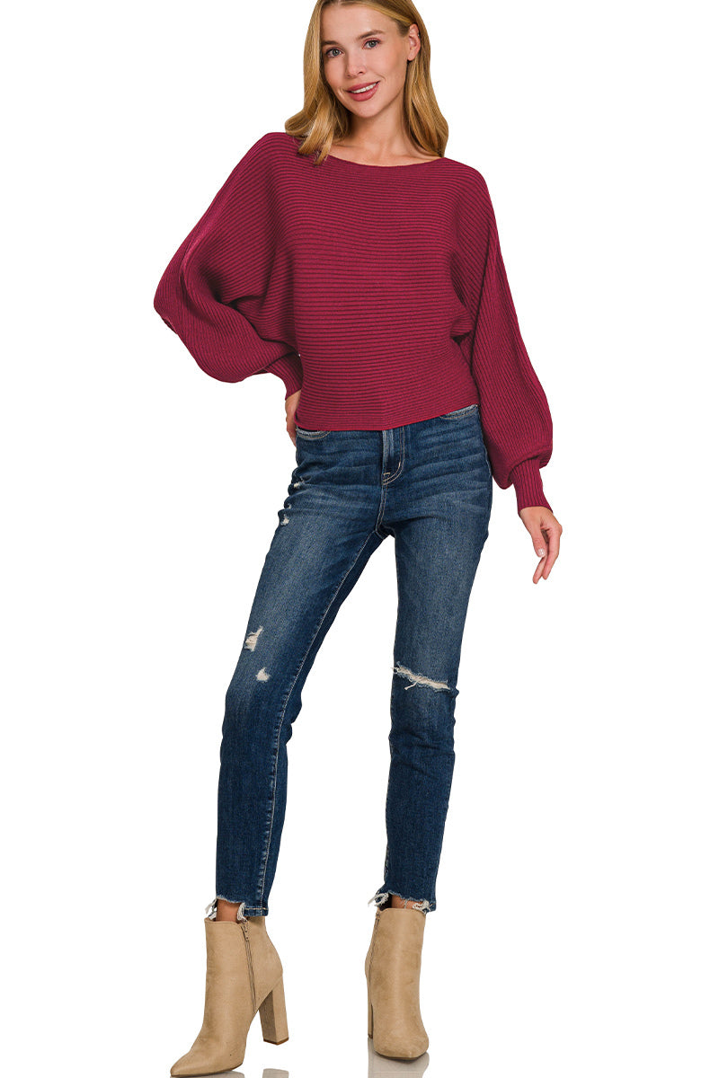 Zenana Boat Neck Balloon Sleeve Sweater