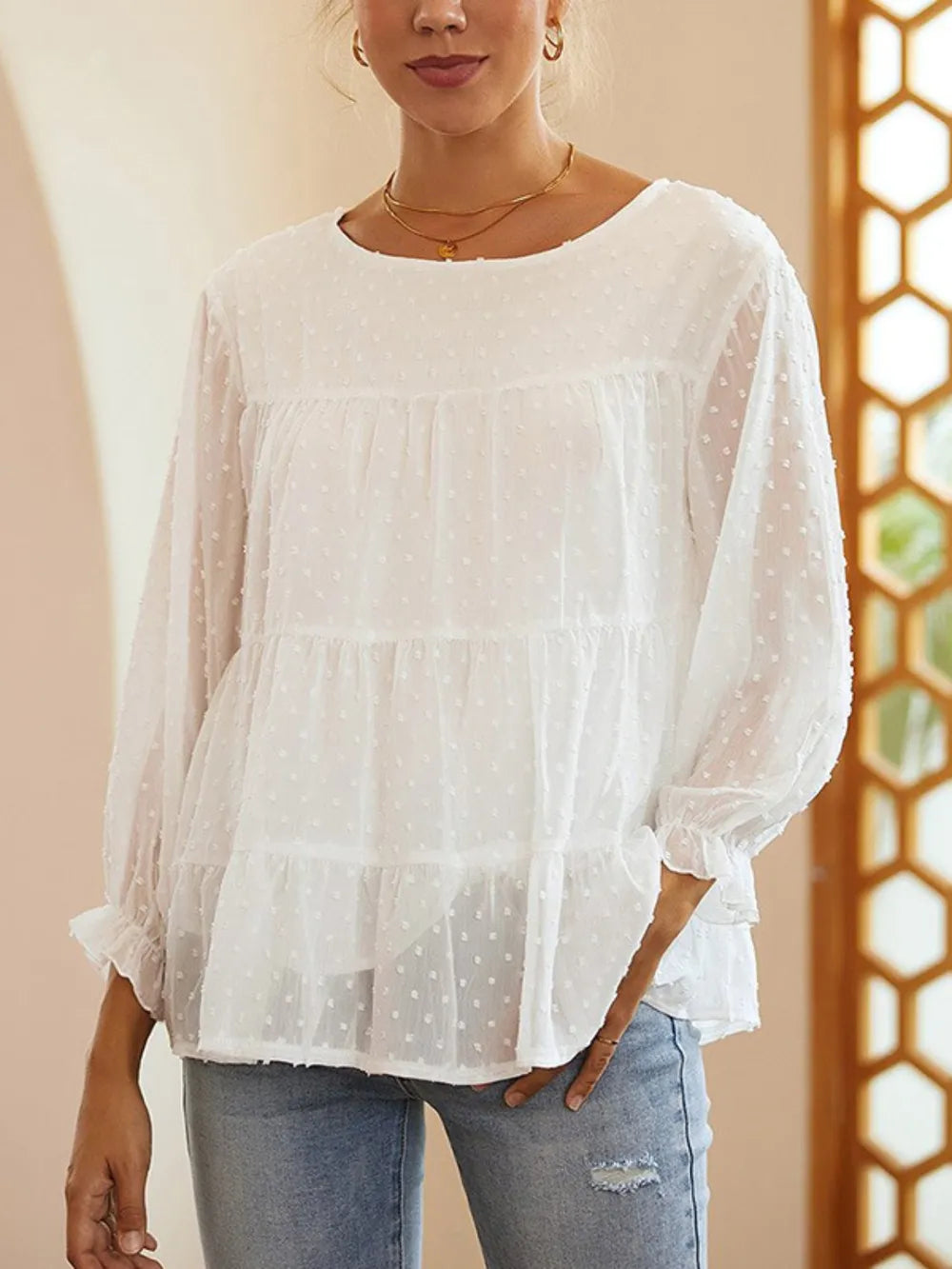 Swiss Dot Ruffled Round Neck Long Sleeve Blouse