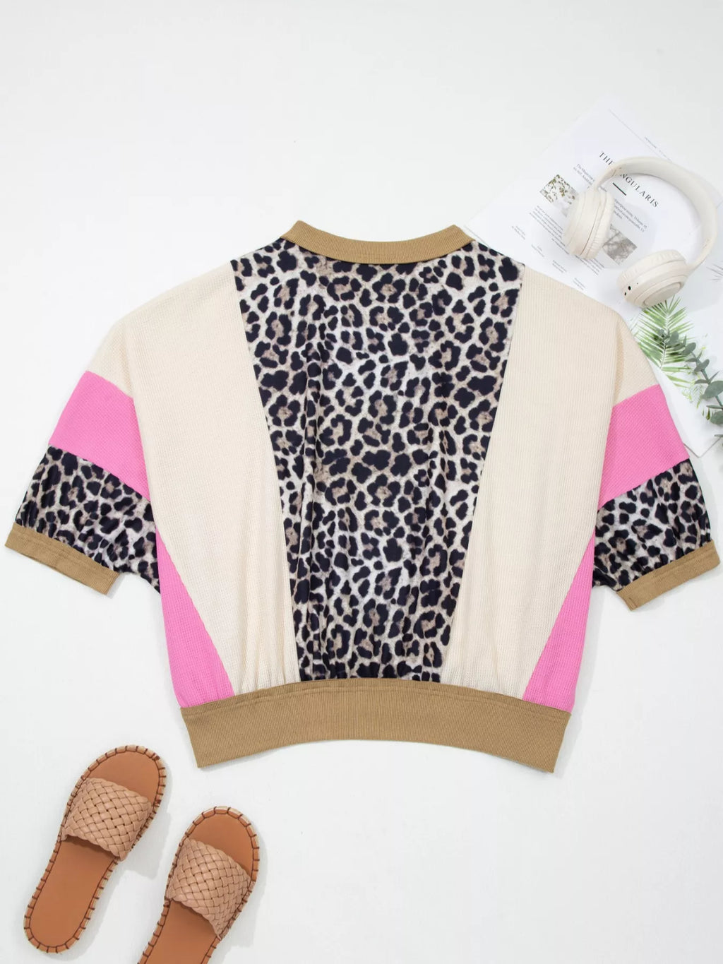 Leopard Print Color Block Round Neck Top