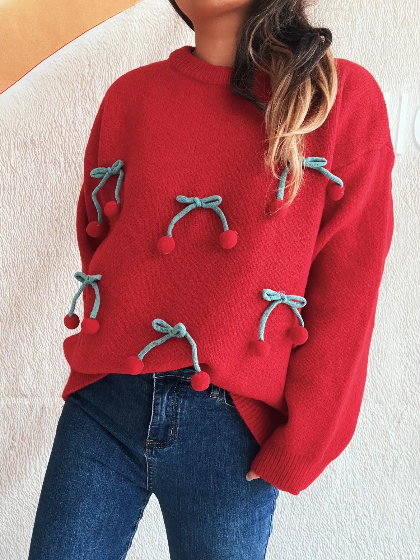 Cherry Round Neck Long Sleeve Sweater