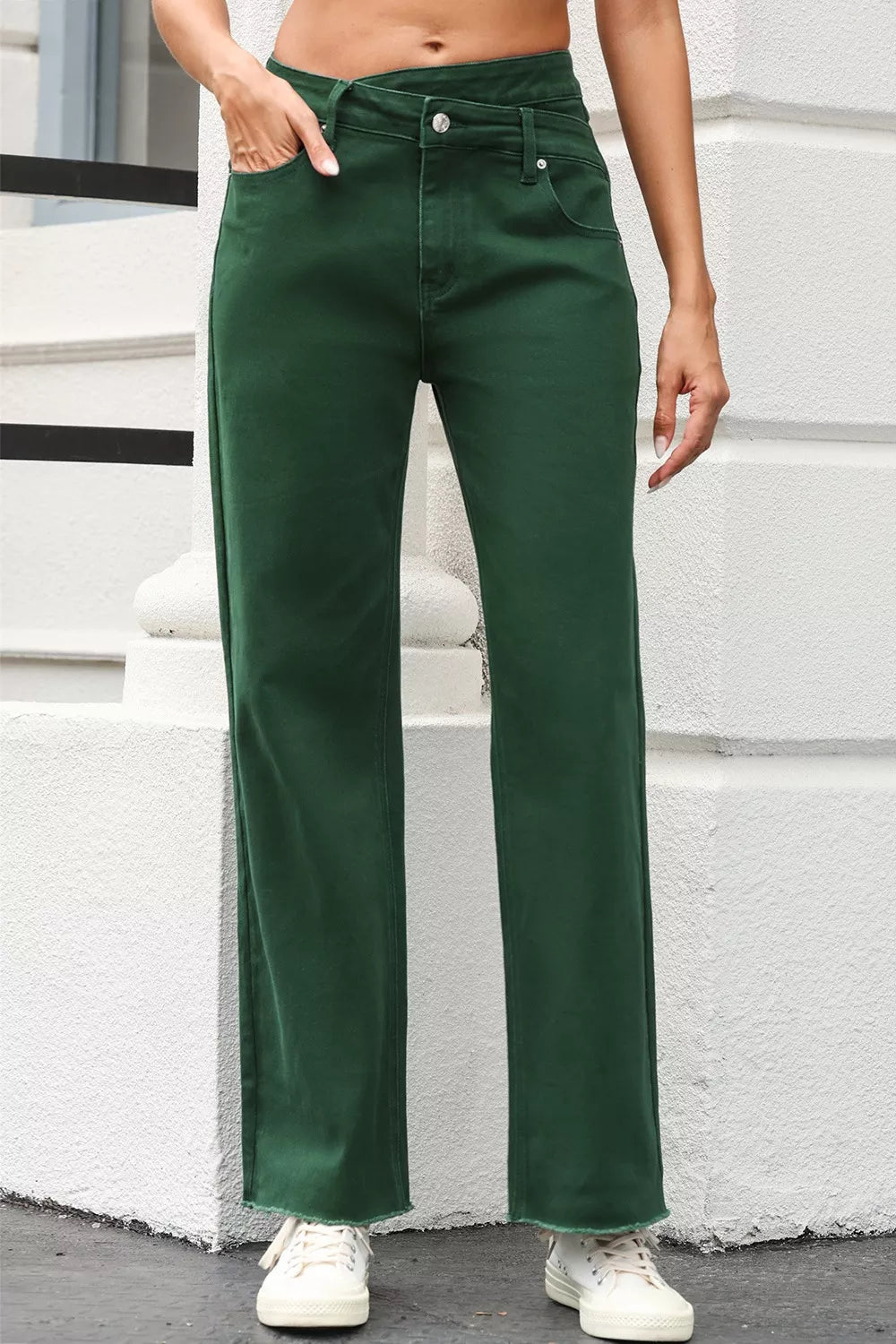 Crossed Waist Raw Hem Shift Jeans