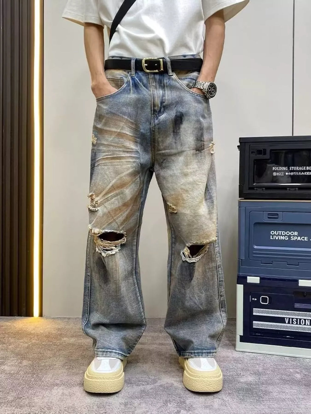Men's Full Size Distressed Wide Leg Jeans Plus Size
