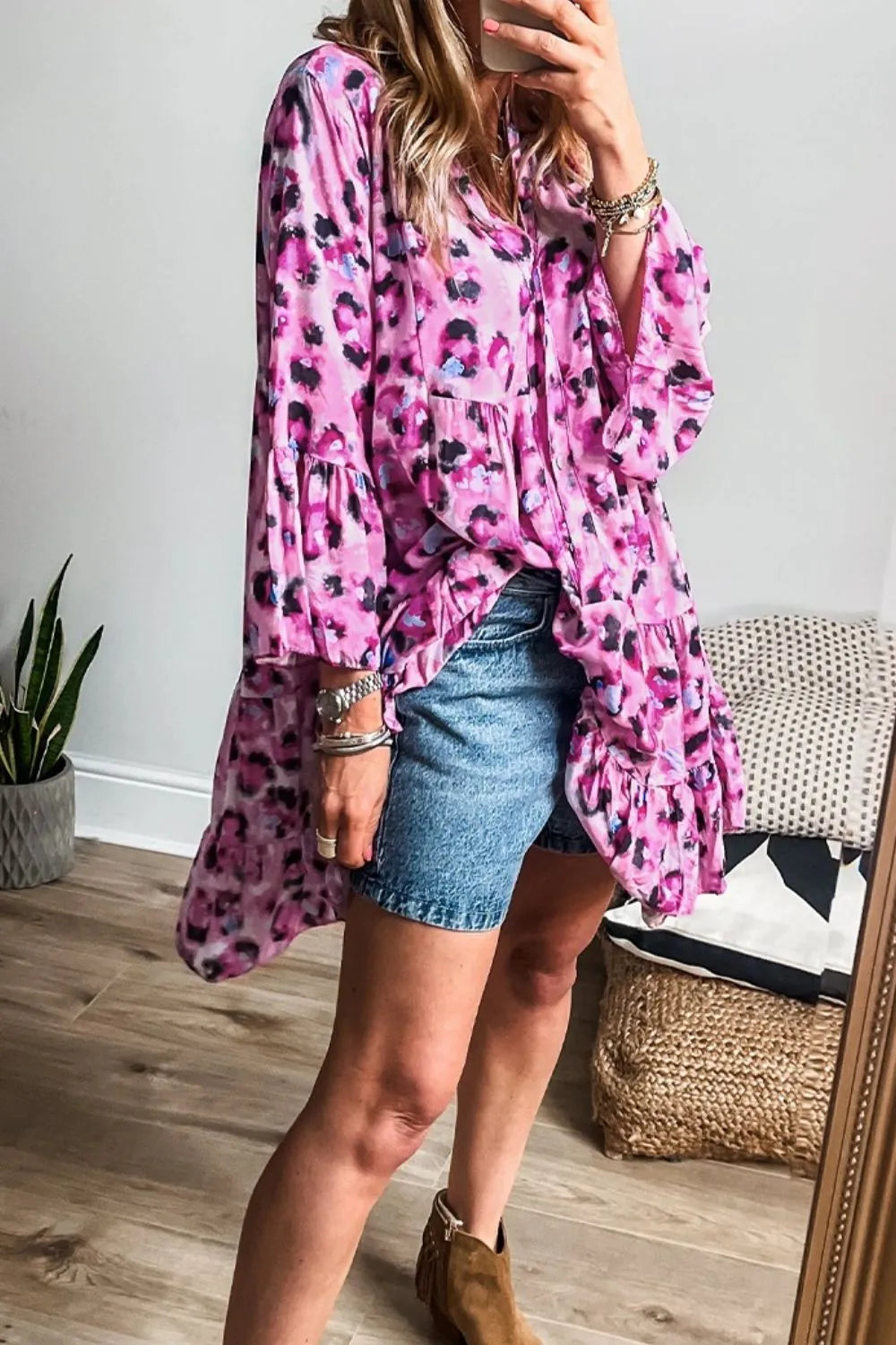 Leopard Print Buttoned Front 3/4 Sleeve Tiered Ruffled Hem Dress