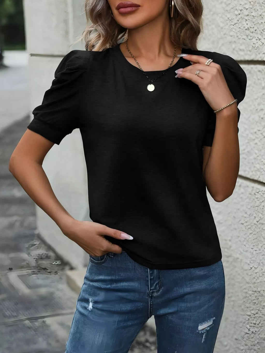Puff Sleeve Solid Color T-Shirt
