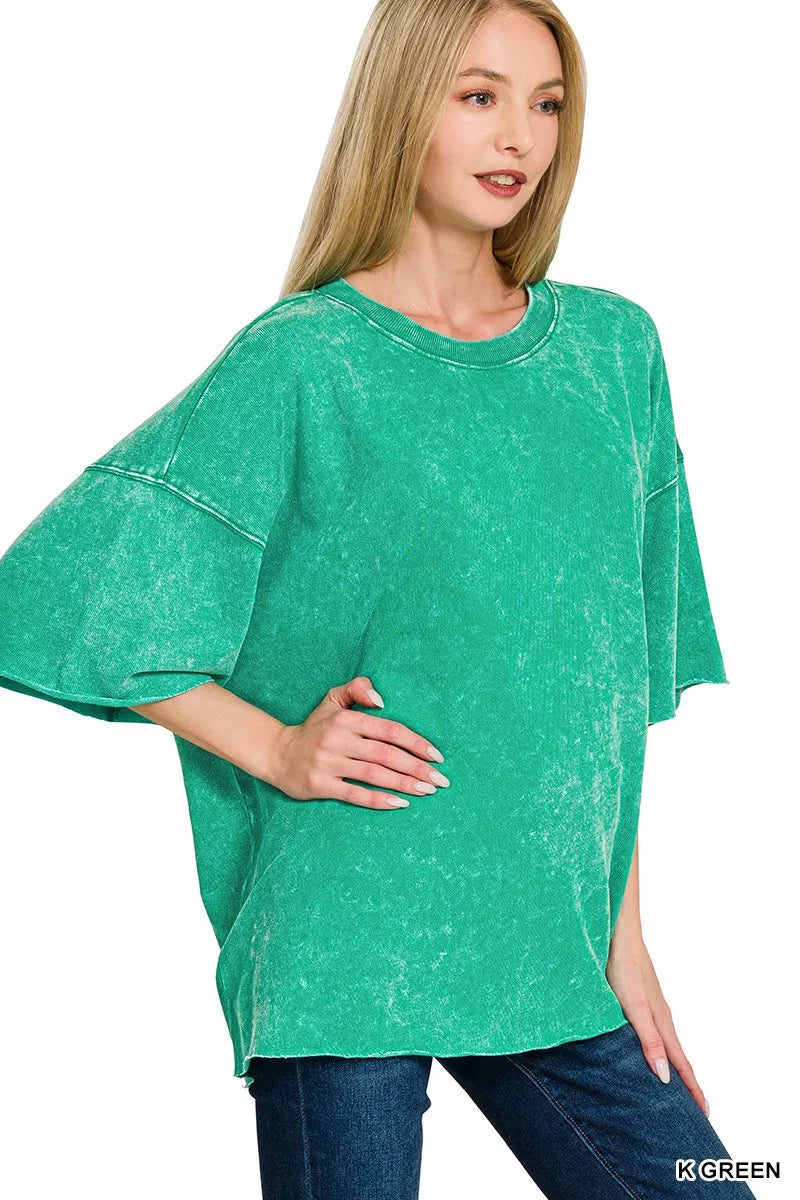 Zenana French Terry Washed Drop Shoulder Short Sleeve Top