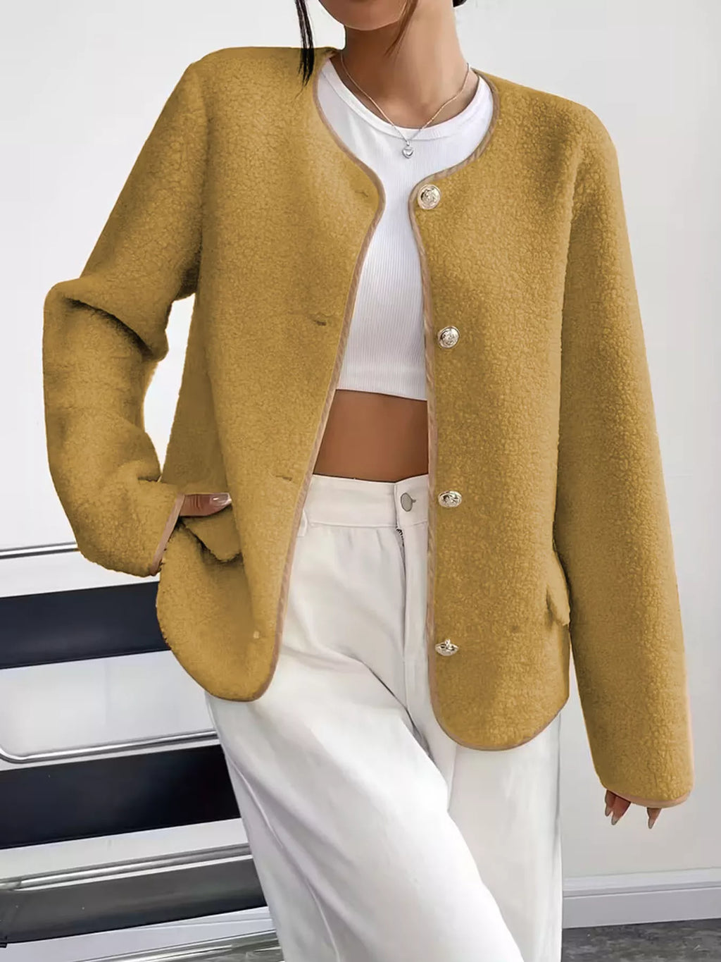 Full Size Textured Button-Up Fleece Outerwear Plus Size