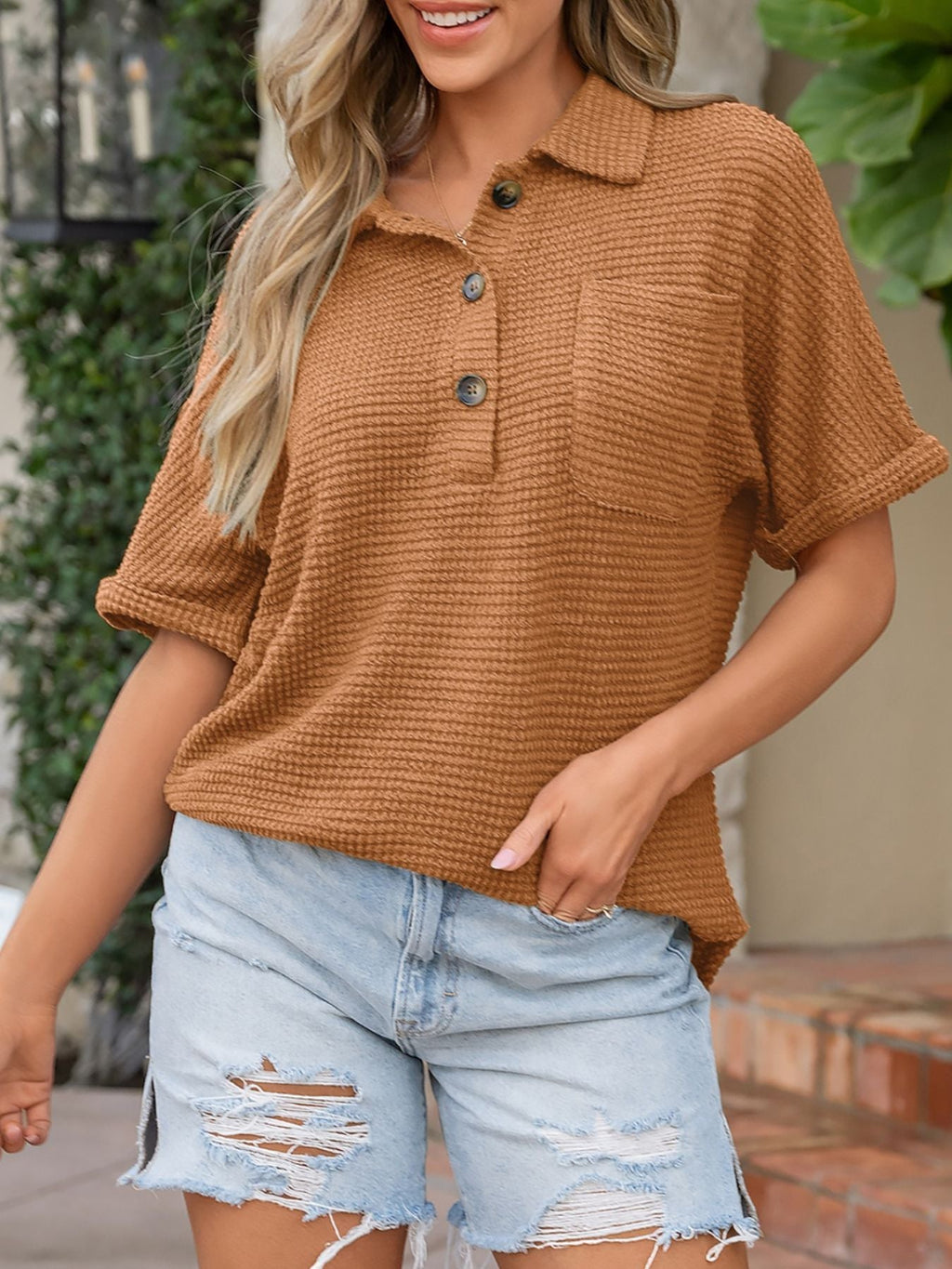 Textured Knit Button Detail Top