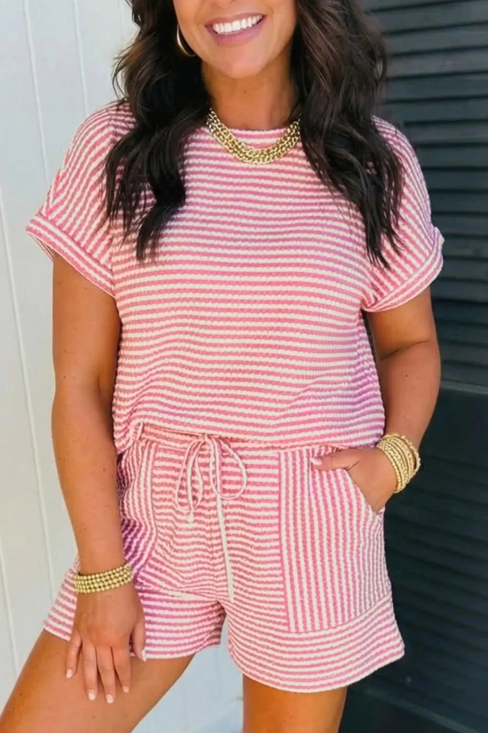 Stripe Breathable Textured Knit Short 2pcs Set