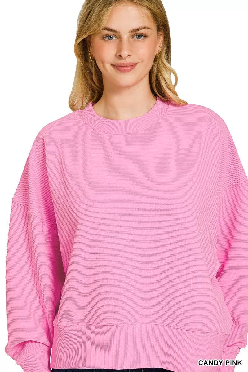 Zenana Ribbed Round Neck Pullover and Shorts Set
