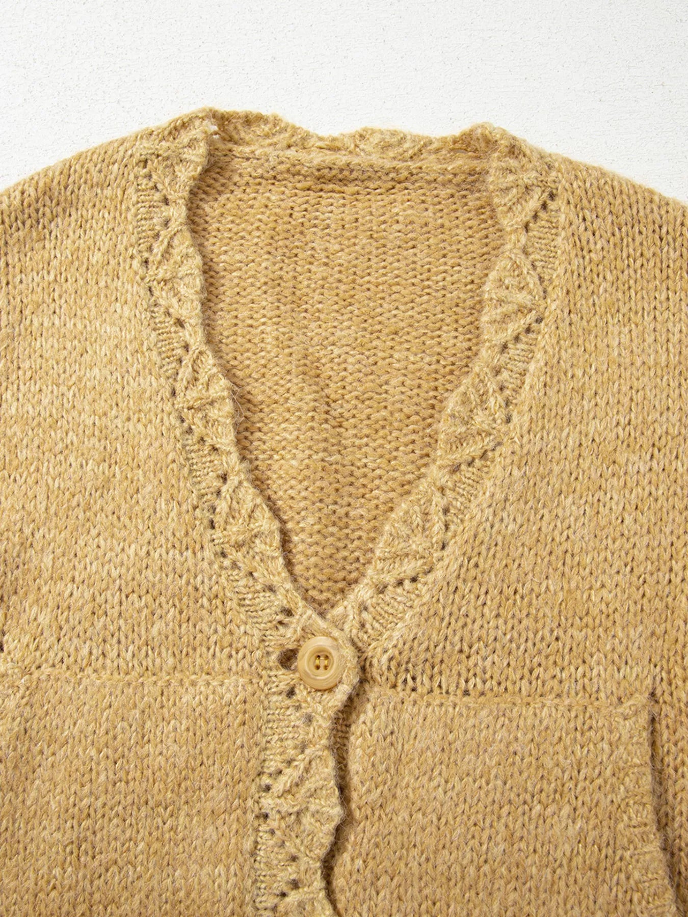 Lantern Sleeve Scallop V Neck Buttoned Front Cardigan