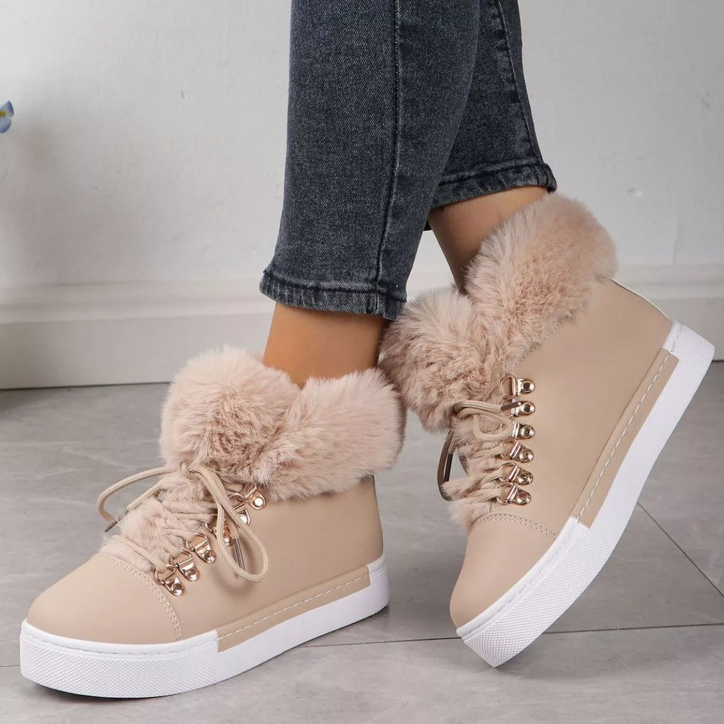 Fuzzy Trim Lace-Up Ankle Boots