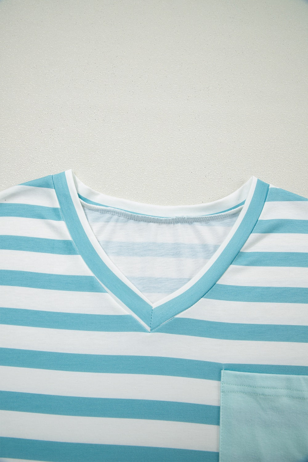 Stripe V Neck Patched Pocket Casual T Shirt